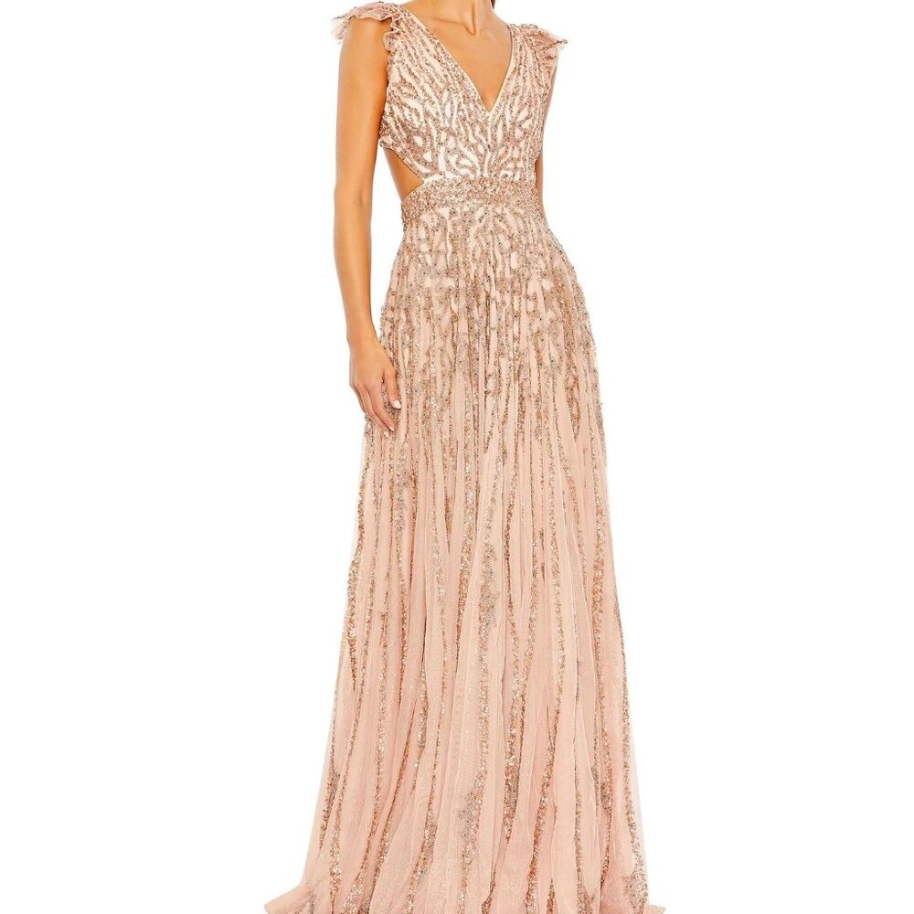 NWT 5682 sz 10 Mac Duggal Rose Gold Criss Cross‎ Ruffle Sleeve Gown Apricot